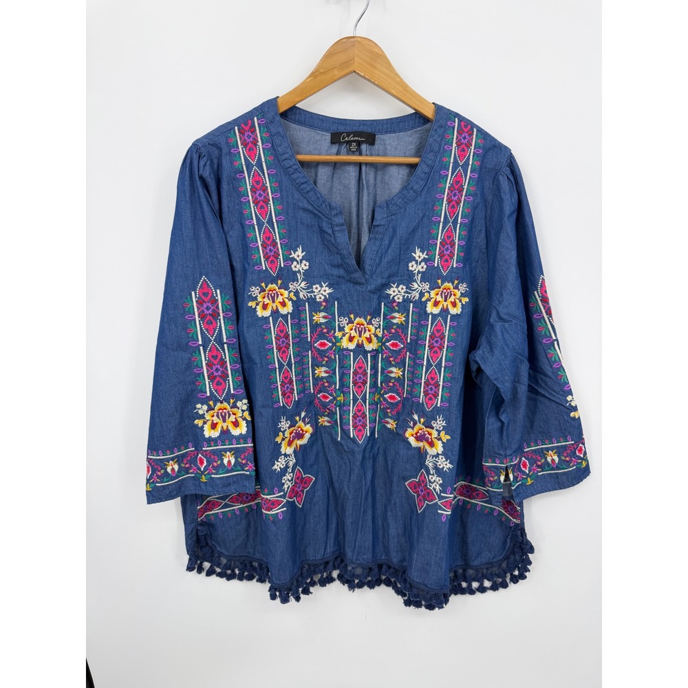 Caleo Embroidered Chambray Blouse Women 2X Blue Tassel Trim V-Neck Peasant Top